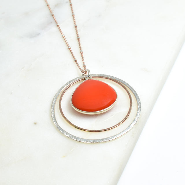Red Coral Rose Gold Fill & Silver Double Circle Necklace