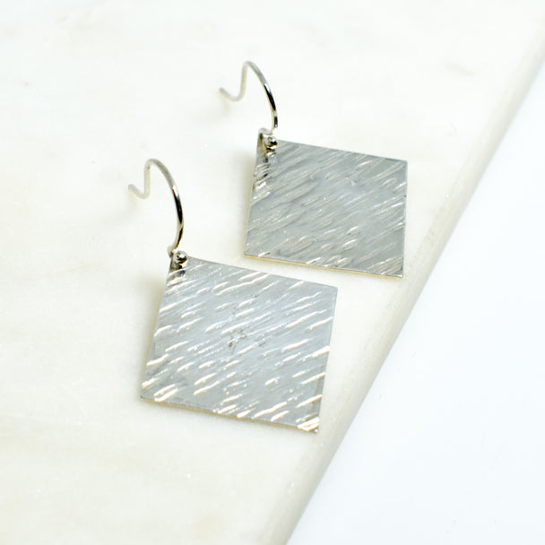 Silver Diagonal Flat Square Earrings