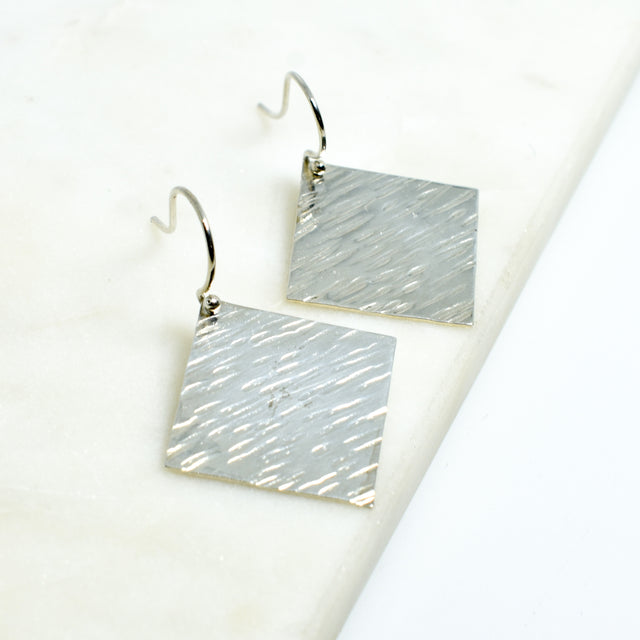 Silver Diagonal Flat Square Earrings