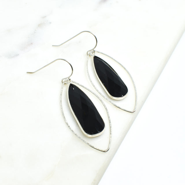 Black Onyx Silver Petal Earrings