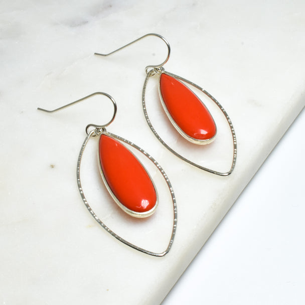 Red Coral Silver Petal Earrings