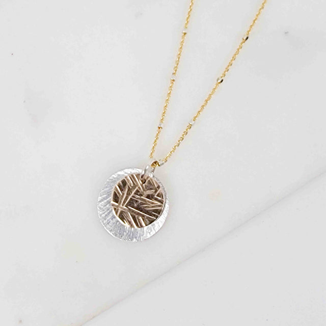 Silver and Gold Layered Textured Disc Necklace 20"