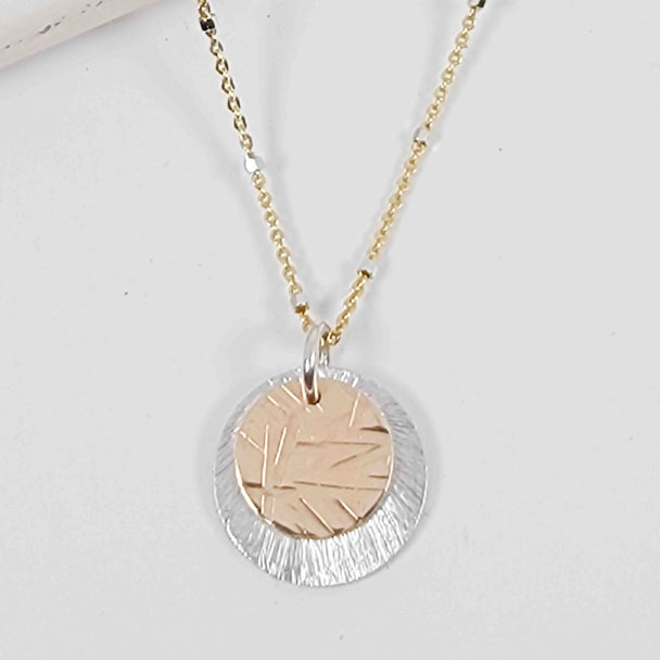 Silver and Gold Layered Textured Disc Necklace 18"