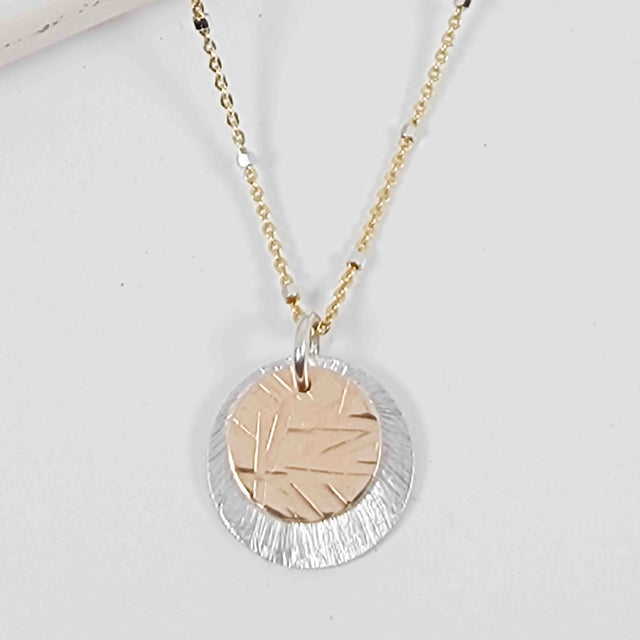 Silver and Gold Layered Textured Disc Necklace 18"