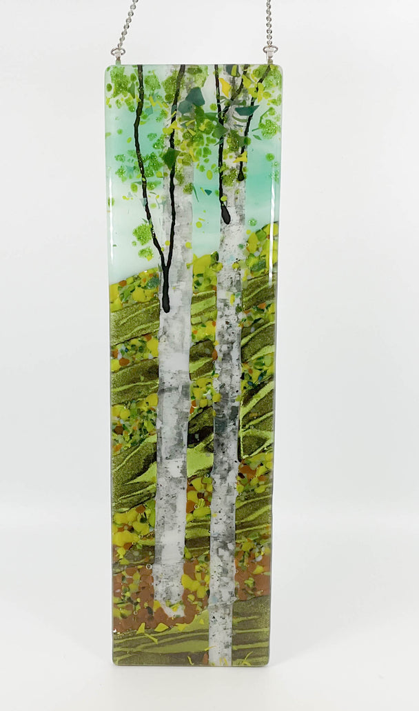 Green Sky and Double Birch Tree with Spruce Tree Window Hanger