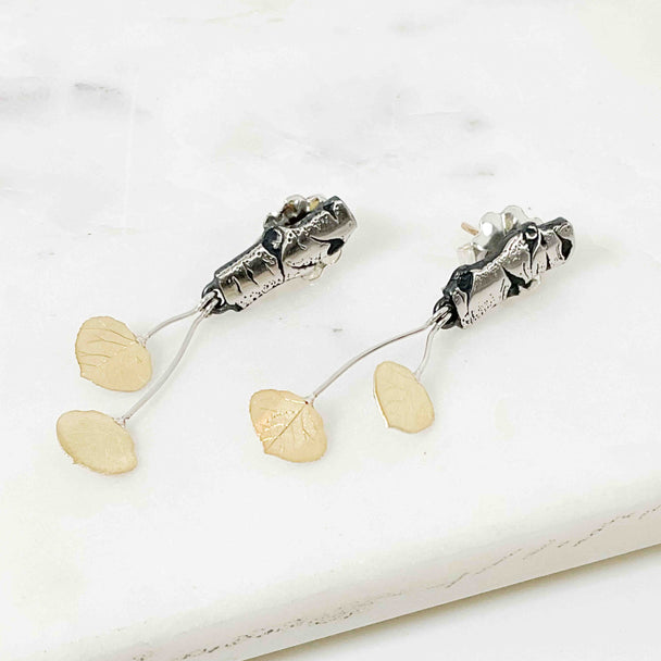 Organic Style Mini Birch Allure Post Earrings with Leaves