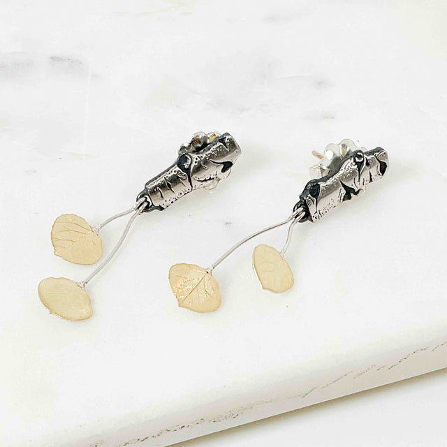 Organic Style Mini Birch Allure Post Earrings with Leaves