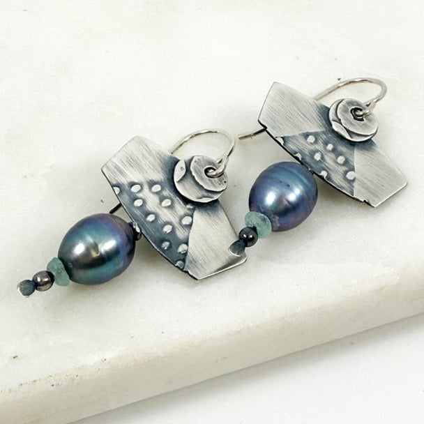 Roller Printed Freshwater Pearl and Ancient Roman Glass Earrings