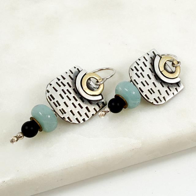 Chased Amazonite and Onyx Earrings