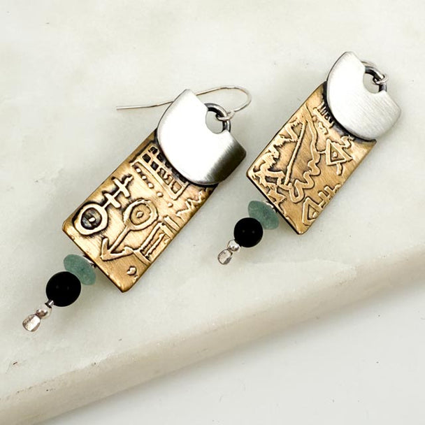 Etched Onyx and Ancient Roman Glass Earrings