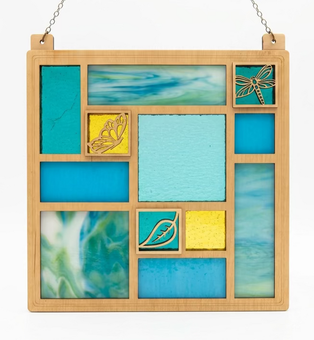 Turquoise and Yellow Square Quilted Glass Panel Window Hanging