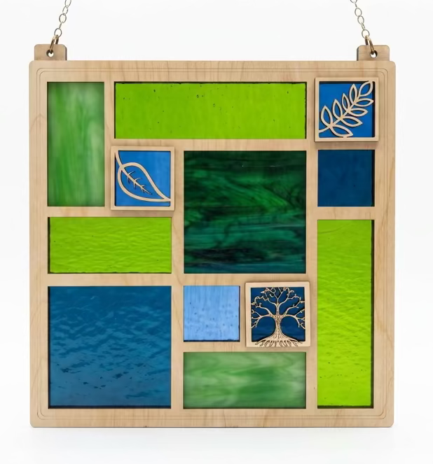 Green Leaves and Tree Square Quilted Glass Panel Window Hanging
