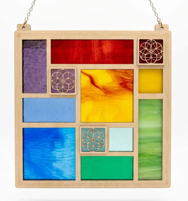 Rainbow Palette Square Quilted Glass Panel Window Hanging