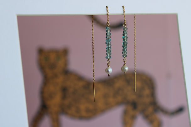 Freshwater Pearl and Aquamarine Threader Earrings