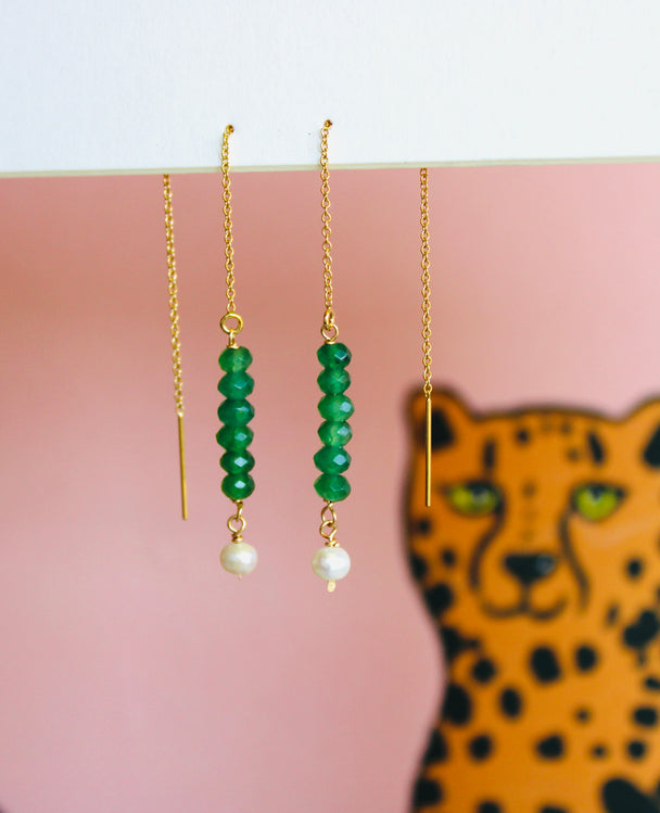 Emerald and Freshwater Pearl Threader Earrings