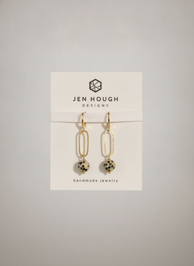 Open Oval and Dalmatian Jasper Huggie Earrings