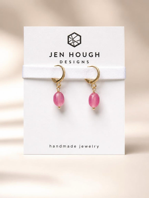 14K Gold Fill Pink Jade Huggies