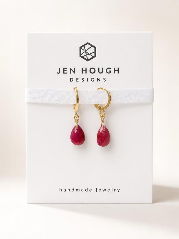 14K Gold Fill Ruby Huggie Earrings