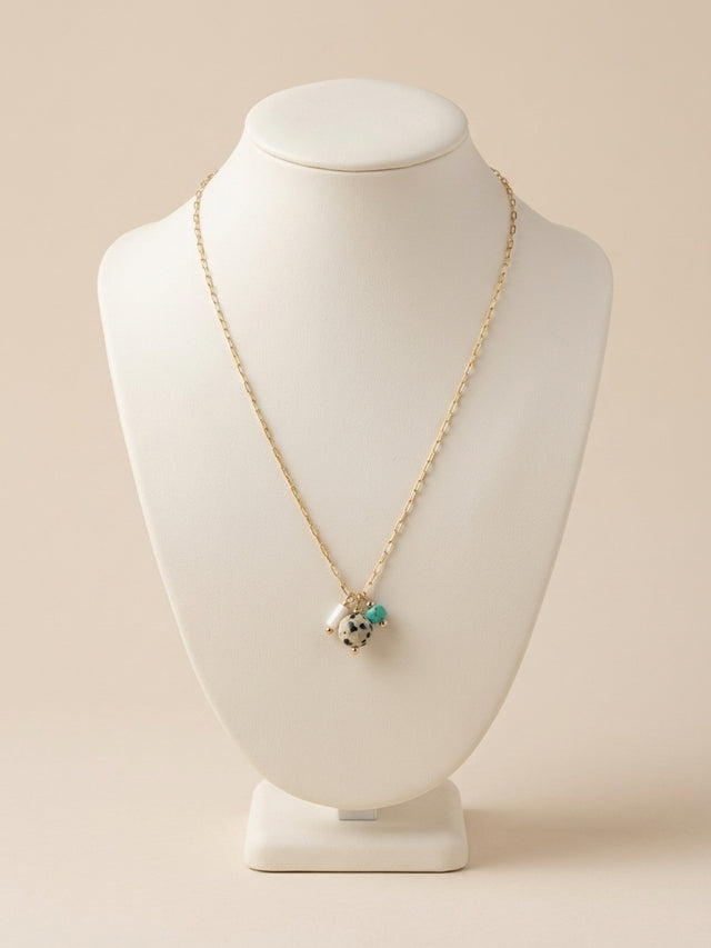 14k Yellow Gold Filled Necklace with Freshwater Pearl, Dalmatian Jasper, and Turquoise