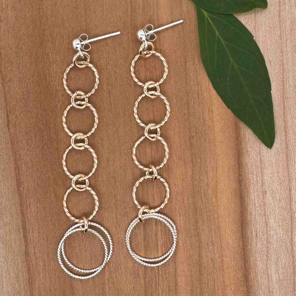 One Double Twisted Silver with Four Gold Fill Twisted Circles Drop Earrings
