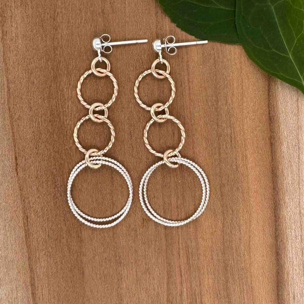 One Double Twisted Silver with Two Twisted Gold Fill Circles Drop Earrings