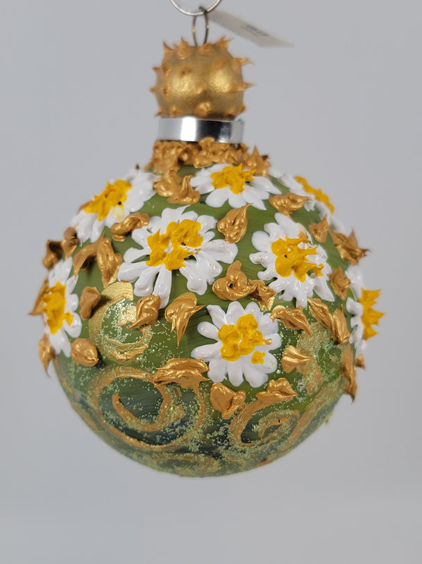 Hand painted ornament with green back ground, white daisies and gold swirls