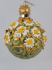 Hand painted ornament with green back ground, white daisies and gold swirls