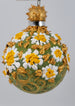 Hand painted ornament with green back ground, white daisies and gold swirls