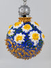 Hand painted ornament with blue back ground, white daisies and gold swirls and silver accents