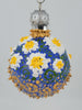 Hand painted ornament with blue back ground, white daisies and gold swirls and silver accents