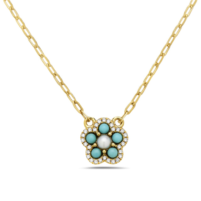Freshwater Pearl Flower and Turquoise Necklace