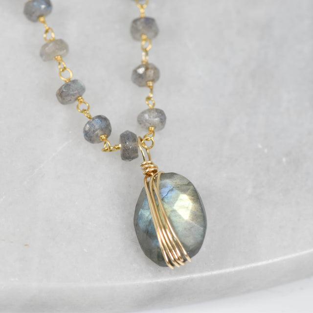 Gold Wrapped Labradorite Bead Necklace