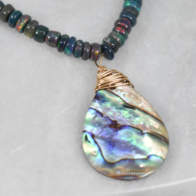 Black Opal and Gold Wrapped Paua Necklace