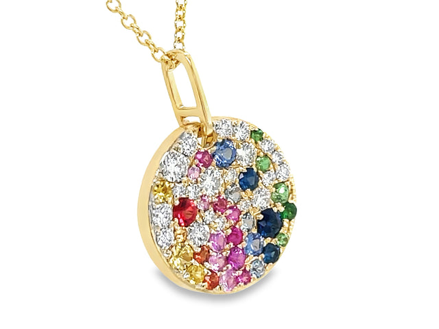 Rainbow Sapphire, Ruby, Tsavorite and Diamond Pave Disc Pendant