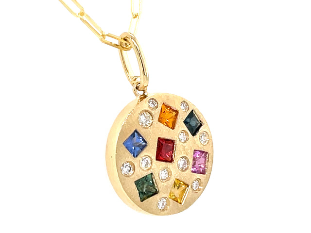 Princess Cut Rainbow Sapphire and Diamond Disc Pendant