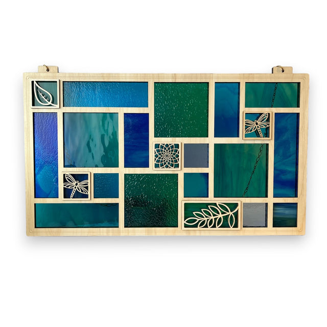 Blue and Green Quilted Glass Panel Window Hanging