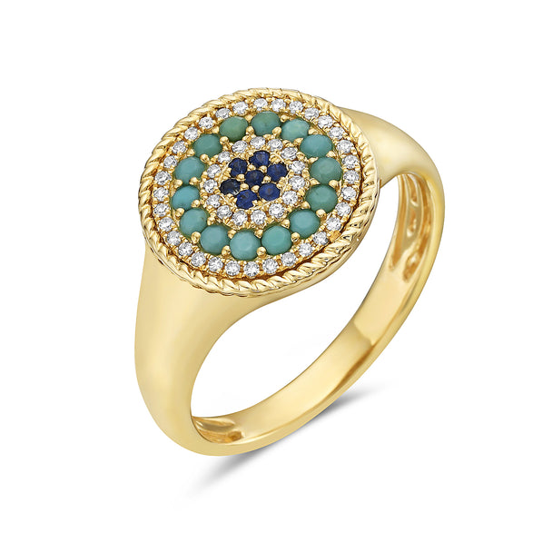 Turquoise, Diamond and Sapphire Medallion Ring