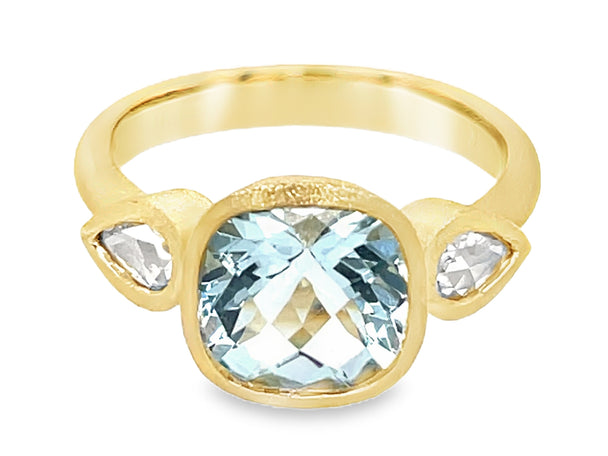 Aquamarine Cushion and Diamond Pear 3 Stone Ring