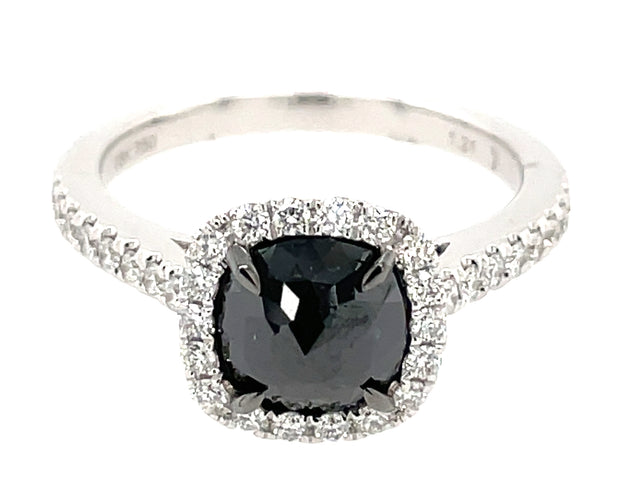 Rose Cut Cushion Black and White Diamond Halo Ring