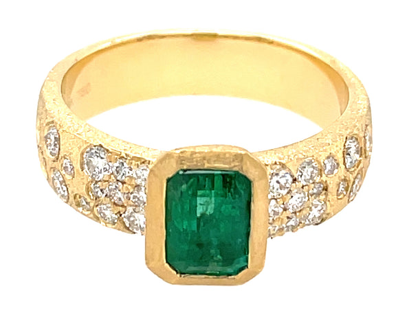 Emerald Cut Emerald Bezel Set and Diamond Ring