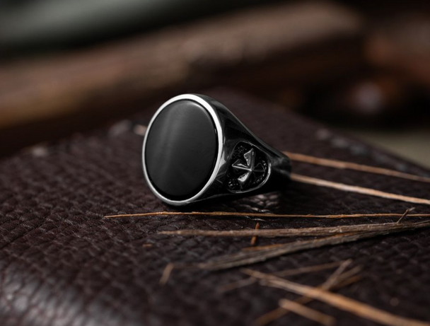 Round Onyx Signet Ring with MB Cross Shank