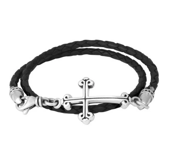 Thin Braided Leather Traditional Cross Double Wrapped Bracelet