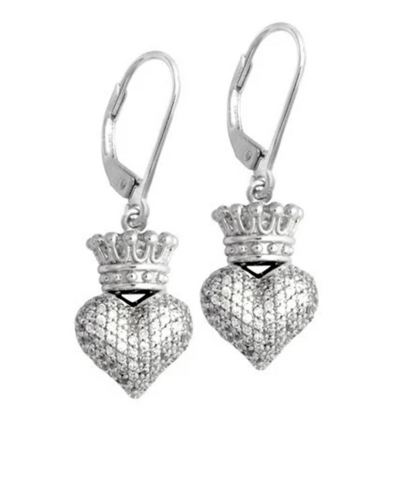 Small 3D Crowned Heart Leverback Earrings