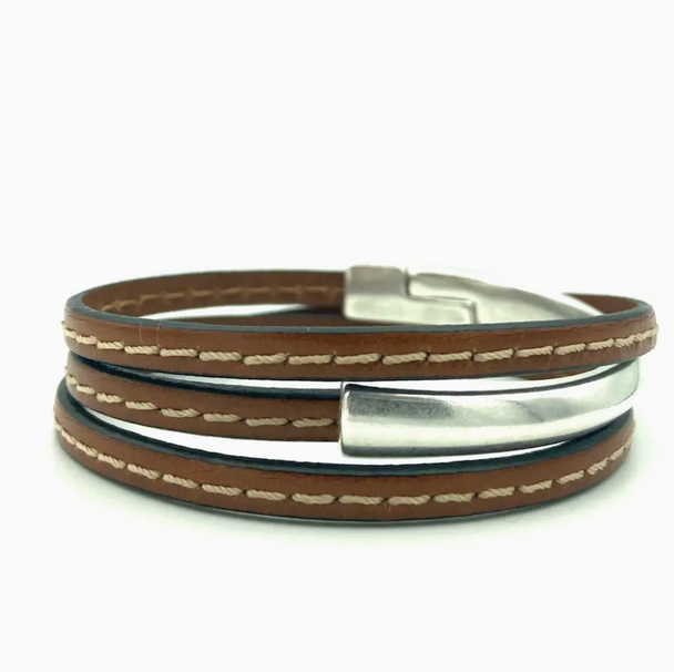 Brown Stitched Leather Triple Wrap Magnetic Cuff