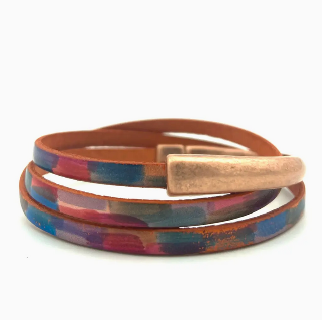 Colorblock Leather Triple Wrap Copper Magnetic Cuff