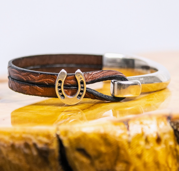 Embossed Brown Horseshoe Leather and Silver Plated Bracelet