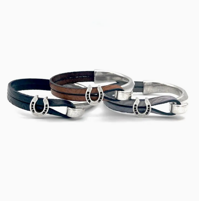 Embossed Gray Horseshoe Leather and Silver Plated Bracelet