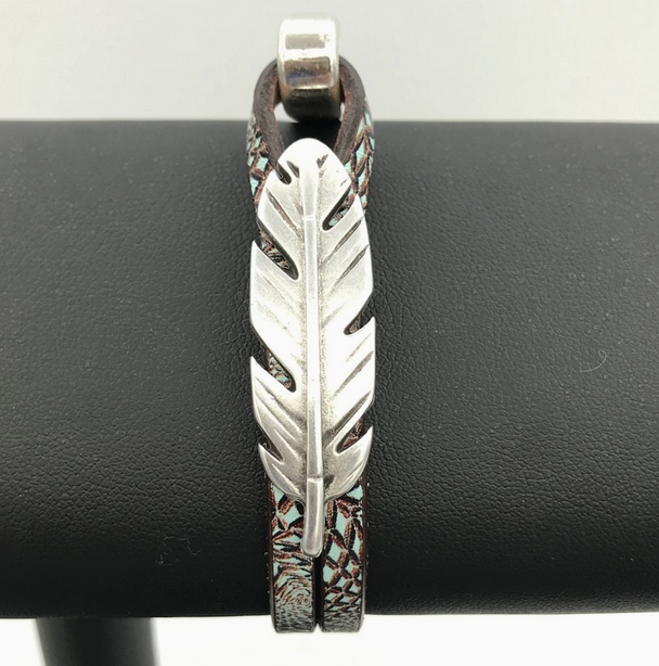 Turqoise and Brown Print Feather Silver Bracelet