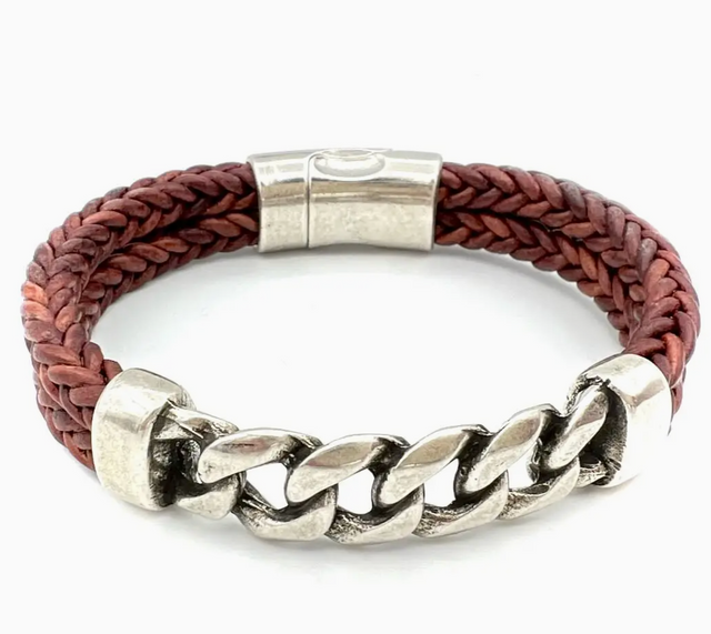 Brown Braided Chain Up Leather Bracelet