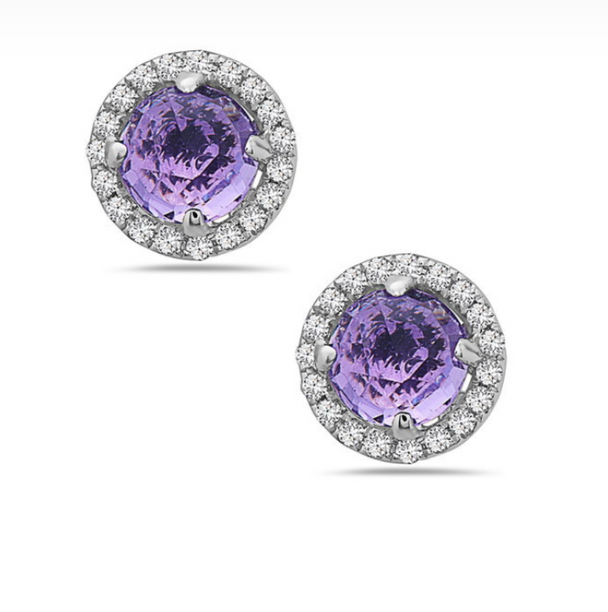Amethyst and Diamond Halo Post Earrings